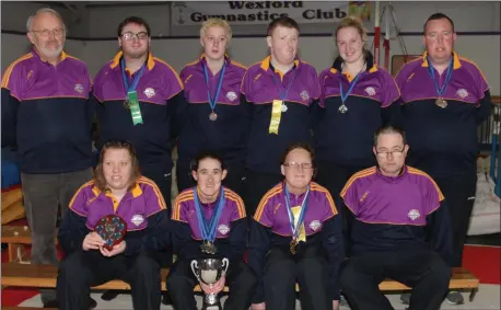  ??  ?? Bocce medal winners (from left) back – Jack Scallan (coach), Darby Power, Marian Flood Power, Thomas Whitty, Coleen Flood Power and Philip Clancy; front – Carole Ryan, Jenna Carty, Maedhbh Scallan and Christophe­r Nolan.