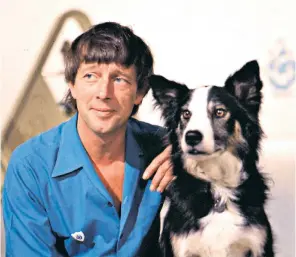  ??  ?? Noakes with his border collie Shep and (below) with co-presenters Valerie Singleton and Peter Purves in 1968, with a cake for Petra