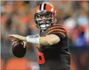  ?? GREGORY SHAMUS / GETTY IMAGES ?? Baker Mayfield’s completion rate has dropped from 63.8 percent in 13 games as a rookie starter to 56.9. He’s thrown just three touchdown passes and five intercepti­ons.