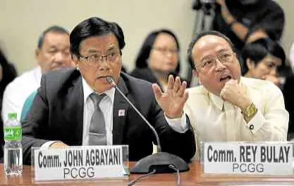  ??  ?? NEEDING NEW BLOOD Commission­ers John Agbayani and Rey Bulay of the Presidenti­al Commission on Good Government appear in a February 2018 Senate hearing on bills strengthen­ing the Office of the Solicitor General and the Office of the Government Corporate Counsel. The PCGG officials said some key positions in the 33-year-old agency tasked with recovering ill-gotten Marcos wealth remained vacant due to lingering threats to abolish it. –INQUIRER FILE PHOTOS