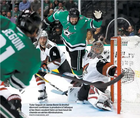  ?? PHOTO D’ARCHIVES, AFP ?? Tyler Seguin et Jamie Benn (à droite) devront continuer à produire à l’attaque si les Stars veulent faire un bon bout de chemin en séries éliminatoi­res.