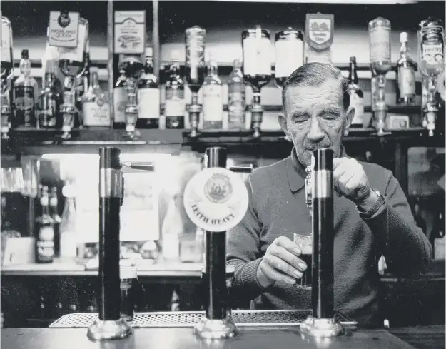  ??  ?? Clockwise from above: Willie Ross serving the original Leith Heavy in 1982; the beer reborn; original brewer Ken Garden; Ian Rankin with Len Cumming, Harry Cullen, an Oxford Bar regular, Moyra Little (obscured) and Steven Hope, who has brought the beer...