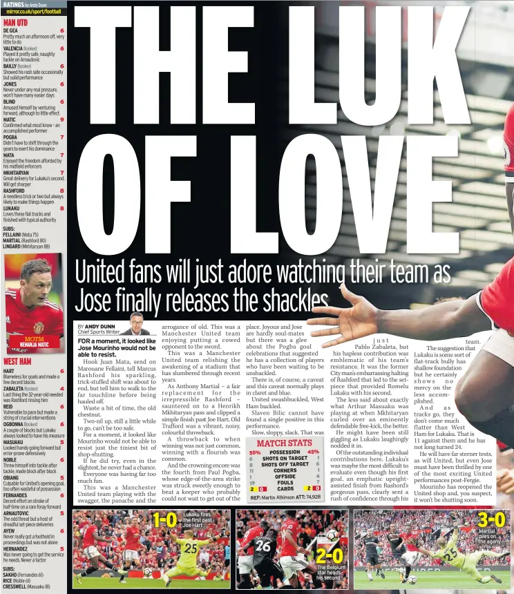  ??  ?? 6 6 6 6 6 9 7 7 7 8 8 6 4 6 6 5 6 5 6 5 6 5 Lukaku fires the first past Joe Hart The Belgium star heads his second Martial piles on the agony