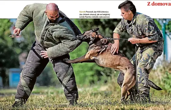  ??  ?? Výcvik Psovodi Jan Kříž (vlevo) a Jan Jirásek ukazují, jak se belgický ovčák Rambo dokáže zakousnout.