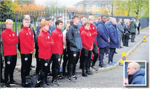  ??  ?? Accrington Stanley Academy team members gathered outside St Peter’s Church and, inset, manager John ohn Coleman