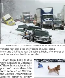  ?? MARK BUGNASKI — KALAMAZOO GAZETTE-MLIVE MEDIA GROUP VIA AP ?? Vehicles rest along the snowbound shoulder along Interstate 94, Friday near Galesburg, Mich., after scores of vehicles were involved in an accident.