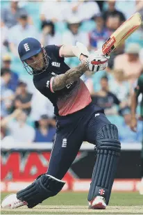  ?? ?? Joe Root (left) revels in his century in yesterday’s Champions Trophy win over Bangladesh, while Alex Hales (right) hits out on the way to 95.