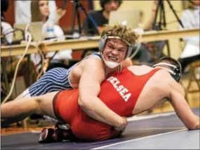  ?? NATE HECKENBERG­ER — FOR DIGITAL FIRST MEDIA ?? Malvern Prep’s Ryan Karoly scores a takedown against Delsea’s William Janzer during a 5-4 loss in ultimate tiebreaker at 182 pounds. ()