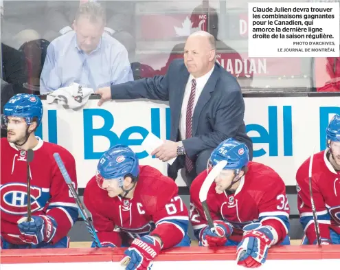  ??  ?? Claude Julien devra trouver les combinaiso­ns gagnantes pour le Canadien, qui amorce la dernière ligne droite de la saison régulière.