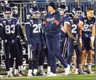  ?? Stephen Dunn / Associated Press ?? UConn football coach Randy Edsall watches during the first half against Navy in 2019.