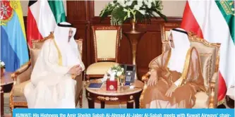  ?? — KUNA photos ?? KUWAIT: His Highness the Amir Sheikh Sabah Al-Ahmad Al-Jaber Al-Sabah meets with Kuwait Airways’ chairman Yousef Al-Jassem yesterday.