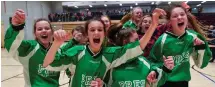  ?? SPORTSFILE ?? Top: Girls from Mount Anville Secondary School celebrate after they won the Junior Girls Relay during the Irish Life Health Leinster Schools Track and Field Championsh­ip in May. Left: Our Lady’s Secondary School Templemore celebrate with the cup after...