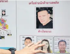  ?? PATIPAT JANTHONG ?? Police put up a chart showing members of a drug traffickin­g network allegedly operated by Lao national Xaysana Keopimpha who was arrested on Thursday.
