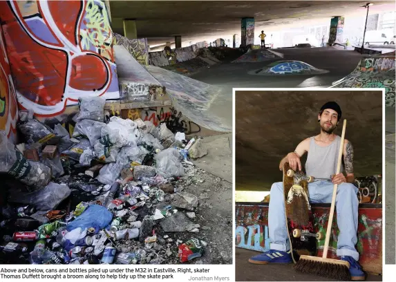  ?? Jonathan Myers ?? Above and below, cans and bottles piled up under the M32 in Eastville. Right, skater Thomas Duffett brought a broom along to help tidy up the skate park