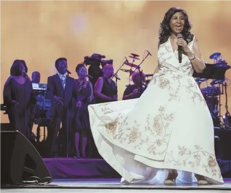  ?? AP FILE PHOTOS ?? RESPECTED: Aretha Franklin performs at the world premiere of ‘Clive Davis: The Soundtrack of Our Lives,’ above, at Radio City Music Hall, during the 2017 Tribeca Film Festival in New York, and at Webster Bank Arena in Bridgeport, Conn., in 2015, center at left.