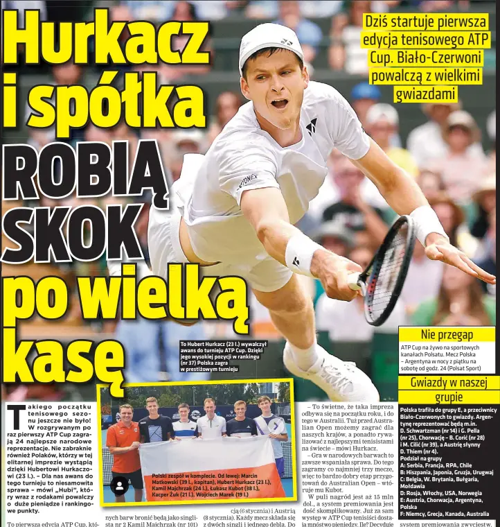  ??  ?? To Hubert Hurkacz (23 l.) wywalczył awans do turnieju ATP Cup. Dzięki jego wysokiej pozycji w rankingu (nr 37) Polska zagra w prestiżowy­m turnieju
Polski zespół w komplecie. Od lewej: Marcin Matkowski (39 l., kapitan), Hubert Hurkacz (23 l.), Kamil Majchrzak (24 l.), Łukasz Kubot (38 l.), Kacper Żuk (21 l.), Wojciech Marek (19 l.)