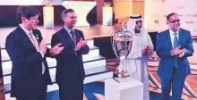  ??  ?? Shaikh Nahyan, Moazzam Ahmad Khan and Navdeep Singh ■ Suri launching the Tolerance Cricket Cup in Abu Dhabi.