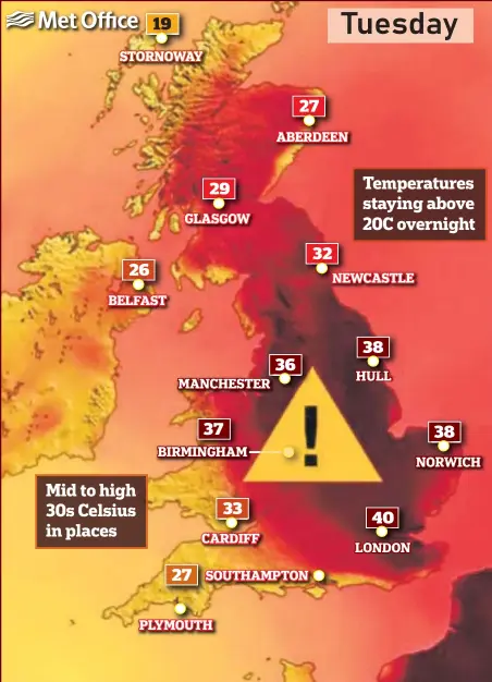 ?? ?? Extreme heat: Temperatur­es are forecast to reach at least 40C in an area stretching north from London