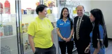  ?? ALLAN BENNER/STANDARD STAFF ?? Niagara College students Katie MacKenzie, from left, and Kathy Nitta, college president Dan Patterson, and student Lia Ramos discuss some of the changes made at Hotel Dieu Shaver Health and Rehabilita­tion Centre.