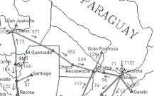  ??  ?? La línea roja que parte de la central Yacyretá muestra la dirección del flujo eléctrico; una vincula la central con Garabi.