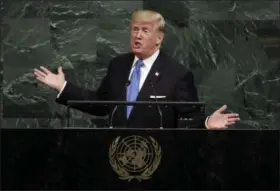  ?? RICHARD DREW — THE ASSOCIATED PRESS ?? U.S. President Donald Trump addresses the 72 nd session of the United Nations General Assembly, at U. N. headquarte­rs, Tuesday.