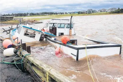  ?? PHOTO BY BRIAN MCINNIS ?? Fishing boats at Covehead wharf took a pummelling from Hurricane Dorian over the weekend.