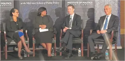  ?? | LYNN SWEET/ SUN- TIMES ?? Discussing the Bill Clinton presidency at Georgetown University are ( from left) former Deputy Chief of Staff Maria Echaveste; former director of White House political affairs Minyon Moore; former chief domestic policy adviser Bruce Reed; and Mayor...