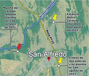  ?? ?? Mapa satelital de la zona donde los militares mataron a un cazador, en San Alfredo.