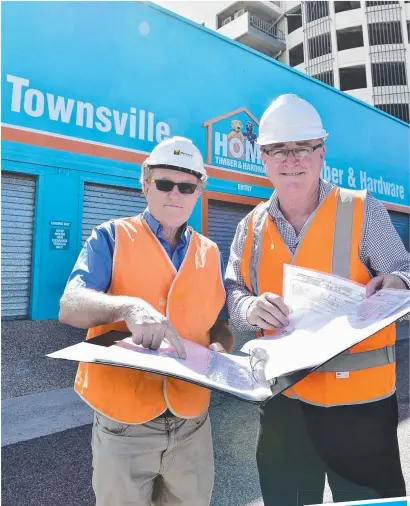  ?? MAKING PROGRESS: Markwell Demolition­s boss Gavin Markwell and Deputy Mayor Les Walker at the site for the new bus hub. Picture: WESLEY MONTS ??