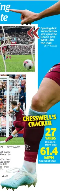  ?? GETTY IMAGES GETTY IMAGES ?? Hammer blow: Cresswell curls home a delicious free-kick to seal victory for the Londoners Opening shot: Yarmolenko slots past De Gea to give West Ham the lead