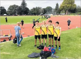  ??  ?? The Wellington 4x100m relay team at the North Island Secondary Schools Championsh­ips. Jordan Stewart, left, Louis Northcott, Hamish Lock and Ethan Calder-Cass. All but Hamish are from Ka¯ piti College and they narrowly lost to Counties.