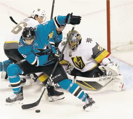 ?? Jeff Chiu / Associated Press ?? The Sharks’ Eric Fehr (16) skates in front of Vegas goaltender Marc-Andre Fleury in Game 3, which the Golden Knights won.
