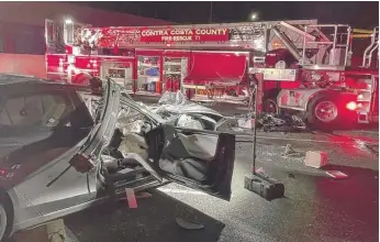  ?? CONTRA COSTA COUNTY FIRE PROTECTION DISTRICT VIA AP ?? The scene of the fatal accident involving a Tesla vehicle and Contra Costa County fire truck early Saturday morning, Feb. 18, 2023, in Contra Costa, Calif.