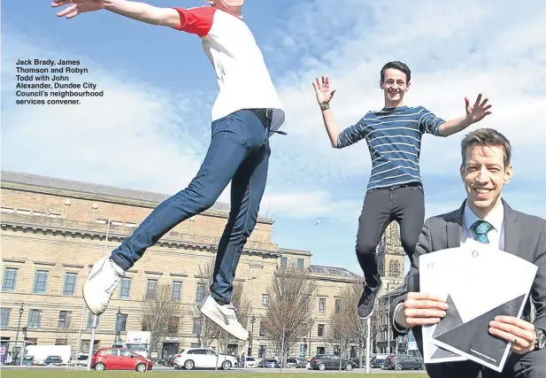  ??  ?? Jack Brady, James Thomson and Robyn Todd with John Alexander, Dundee City Council’s neighbourh­ood services convener.