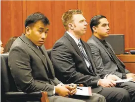  ?? GARY REYES/STAFF ARCHIVES ?? Jail deputies Jereh Lubrin, left, Matthew Farris and Rafael Rodriguez could get life in prison in the Aug. 25, 2015, beating death of mentally ill inmate Michael Tyree at the Main Jail.