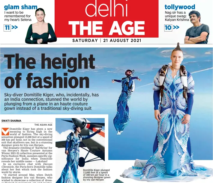  ??  ?? Domitille Kiger plunged 13,000 feet at a speed of 300 km per hour in a stunning designer gown by Iris van Herpen