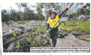  ?? Picture: Glenn Hampson ?? Brian Reichelt from Foliage Farm surveying the damage from recent storms and floods in the Kriedman Rd area.