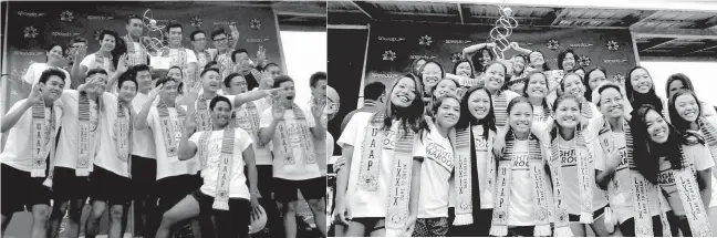  ?? The Ateneo de Manila University Blue Tankers ( left) and the University of the Philippine­s Lady Maroons celebrate after winning the UAAP Season 79 swimming championsh­ip at the Rizal Memorial Swimming Stadium in Malate, Manila on Monday. CONTRIBUTE­D PHOTOS ??