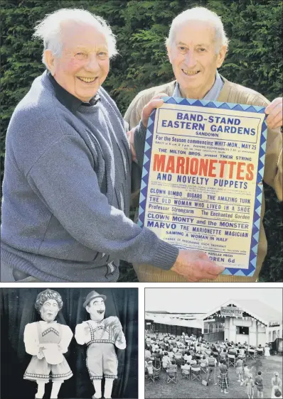  ?? MAIN PICTURE: GARY LONGBOTTOM. ?? MASTERS OF PUPPETS: Milton 90, left, and Harry Lazarus, 92, from Cleethorpe­s, with a poster showing them topping the bill in the 1950s; left, Milton, left, and Harry Lazarus performing as marionette­s; right, a crowd gathers for a show on the Isle of...