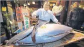  ?? AFP ?? Kiyoshi Kimura, the president of sushi restaurant chain SushiZanma­i, displays a 190 kg bluefin tuna.