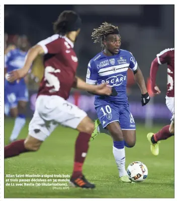  ?? (Photo AFP). ?? Allan Saint-Maximin a signé trois buts et trois passes décisives en  matchs de L avec Bastia ( titularisa­tions).