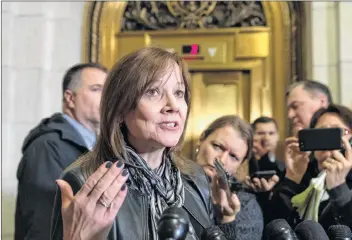  ?? AP PHOTO ?? General Motors CEO Mary Barra speaks to reporters after a meeting with Sen. Sherrod Brown, D-Ohio, and Sen. Rob Portman, R-Ohio, to discuss GM’s announceme­nt it would stop making the Chevy Cruze at its Lordstown, Ohio, plant, part of a massive restructur­ing for the Detroit-based automaker, on Capitol Hill in Washington, earlier this month.