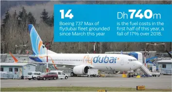  ?? Reuters ?? A flydubai Boeing 737 Max aircraft is parked at a Boeing production facility in Renton, Washington. The grounding of all 737 Max aircraft has ‘significan­tly impacted’ the performanc­e of the company, flydubai’s chief executive officer has said.