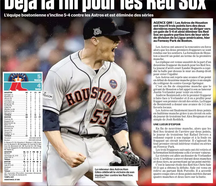  ?? PHOTO AFP ?? Le releveur des Astros Ken Giles célébrait la victoire de son équipe hier contre les Red Sox.