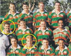  ??  ?? Andrew Dunemann (circled, front) and Jeremy Schloss (circled, second row) with the Rabbitohs in 1999.