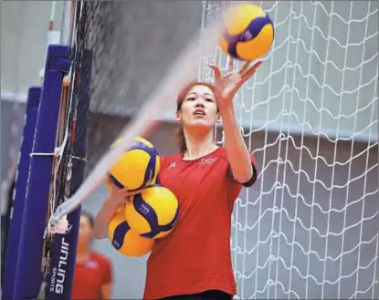  ?? HE ZONGWEN / FOR CHINA DAILY ?? Spiker Li Yingying, pictured during a June 5 training session in Beijing, is one of the rising stars of Lang Ping’s squad. Li is expected to form a key part of China’s bid for gold at next year’s Tokyo Olympics.