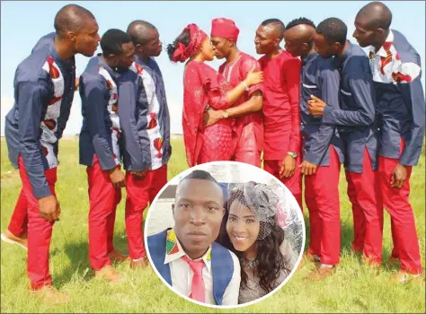  ??  ?? YOU MAY KISS THE BRIDE . . . . Close friends and the bridal team watch as Warriors forward Tendai Ndoro and bride Thandekile Grace Maseko (centre and inset) kiss during their colourful traditiona­l wedding in KwaZulu Natal last week