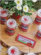  ??  ?? Glass jars filled with red jelly beans were presented as homemade strawberry “jam”.