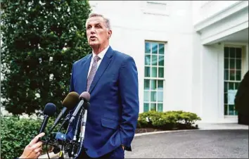  ?? Demetrius Freeman / The Washington Post ?? House Minority Leader Kevin McCarthy speaks with the media on Nov. 29. McCarthy, R-Calif., is struggling to win enough votes to be elected speaker when Republican­s take control of the House.