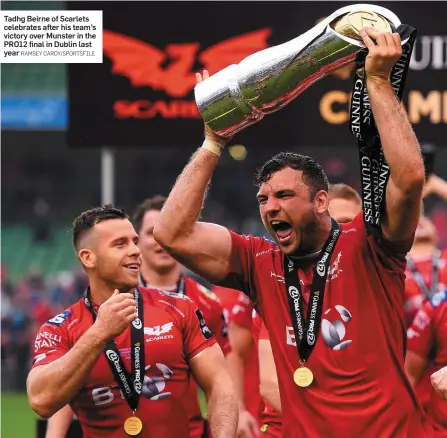  ?? RAMSEY CARDY/SPORTSFILE ?? Tadhg Beirne of Scarlets celebrates after his team’s victory over Munster in the PRO12 final in Dublin last year